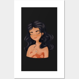 Girl character with black hair hand to heart Posters and Art